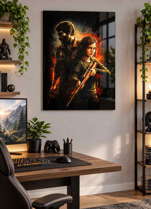Survivors Through the Fire Joel and Ellie The Last of Us acrylic wall art displayed in a realistic gaming office