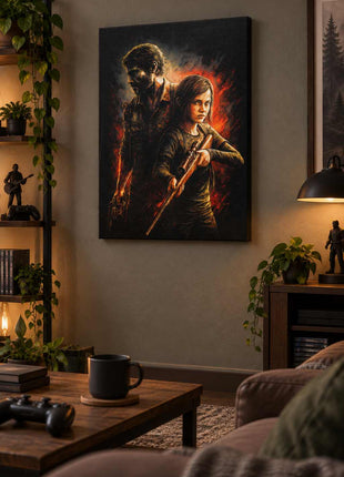 Survivors Through the Fire Joel and Ellie The Last of Us canvas wall art displayed in a realistic gaming lounge
