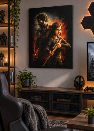 Survivors Through the Fire Joel and Ellie The Last of Us canvas wall art displayed in a realistic gaming room