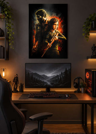 Survivors Through the Fire Joel and Ellie The Last of Us metal wall art displayed above a realistic gaming desk