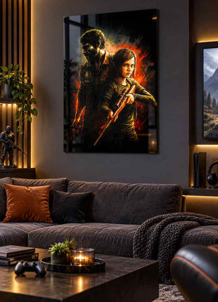 Survivors Through the Fire Joel and Ellie The Last of Us metal wall art displayed in a realistic media lounge