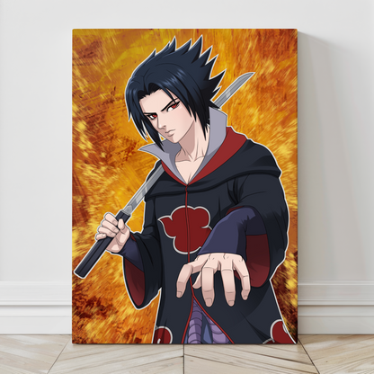 Gallery-wrapped canvas of Sasuke with sword drawn and purple guardian behind him; rich blacks and glowing highlights for a dramatic wall centerpiece.