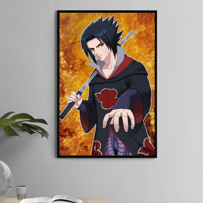 Sasuke Uchiha portrait poster—Akatsuki cloak, blade forward, violet Susanoo aura on fiery backdrop; bold anime linework by Sam Dela Torre.