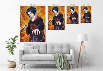 Gallery-wrapped Size Chart canvas of Sasuke with sword drawn and purple guardian behind him; rich blacks and glowing highlights for a dramatic wall centerpiece.
