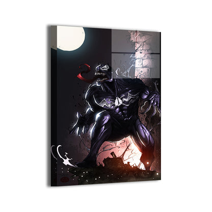 Gloss metal print of Venom with long tongue and dynamic pose under moonlight  
