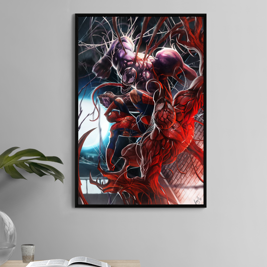 11x17 Marvel print – Spider-Man fighting Venom and Carnage rooftop scene