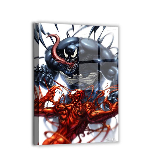 Acrylic — glass-like depth amplifies saliva, teeth, and tendril motion in the Venom vs. Carnage duel; crisp blacks and reds.