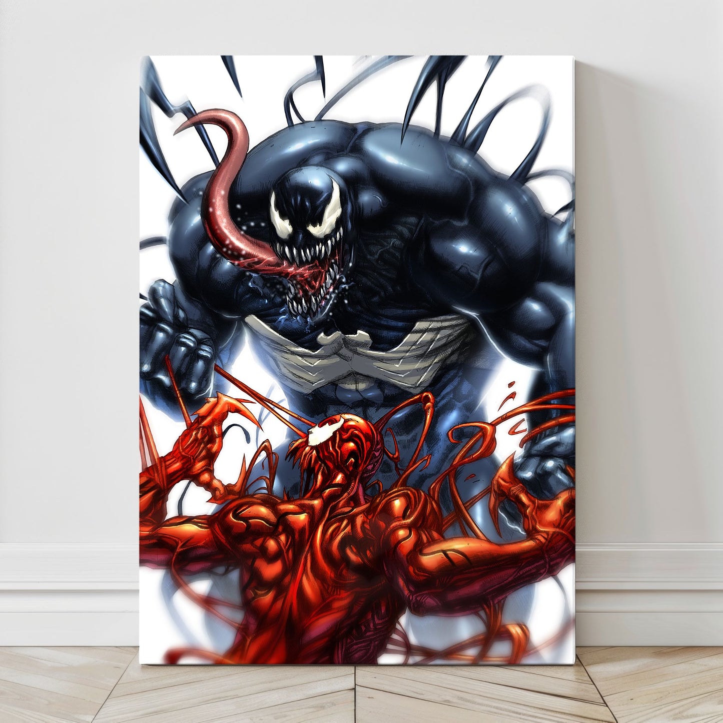 Canvas — dynamic close-quarters clash of Venom and Carnage; glossy highlights on musculature, swirling tendrils, high-contrast comic shading.