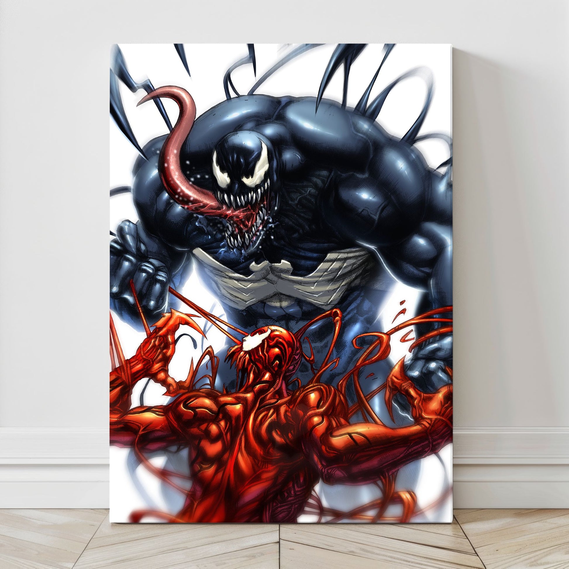 Canvas — dynamic close-quarters clash of Venom and Carnage; glossy highlights on musculature, swirling tendrils, high-contrast comic shading.