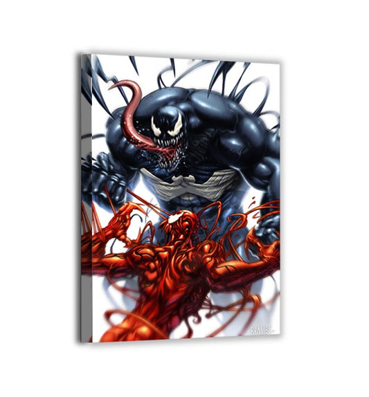 Canvas — dynamic close-quarters clash of Venom and Carnage; glossy highlights on musculature, swirling tendrils, high-contrast comic shading.