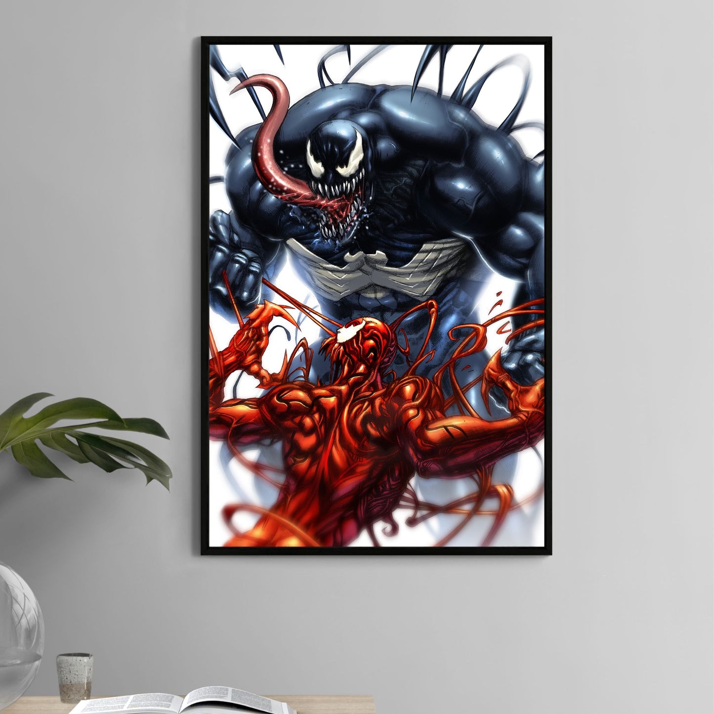 Poster — Venom vs. Carnage battle: towering black symbiote lunges with tongue bared as crimson counterpart whips tendrils; white backdrop, explosive energy.