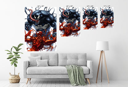 Room mockup — framed Venom vs. Carnage centerpiece; bold comic battle décor in a modern space.