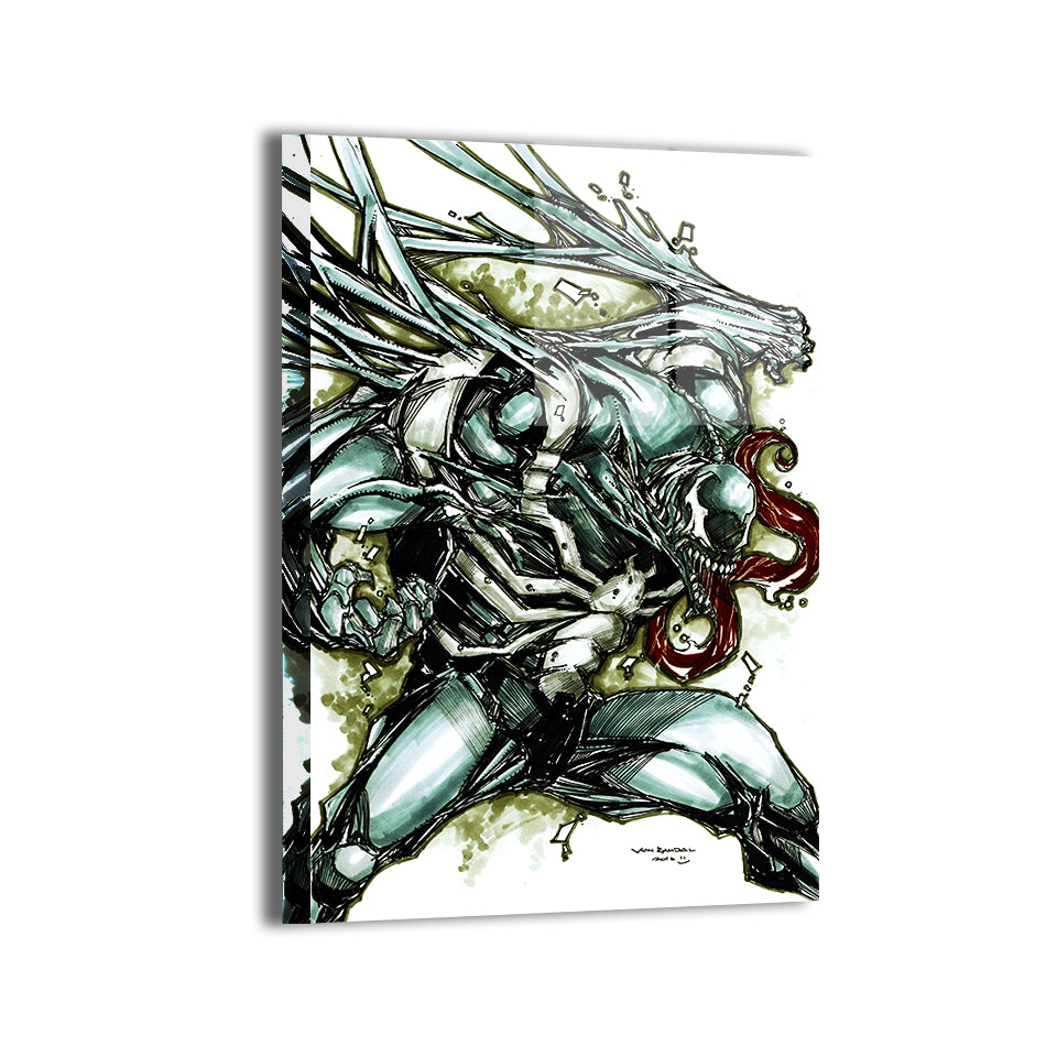 Gloss metal print of Venom flexing with swirling black symbiote trails  
