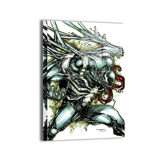 Gloss metal print of Venom flexing with swirling black symbiote trails  
