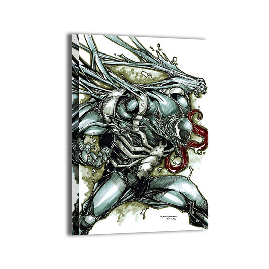 Canvas print of Venom mid-air with wild pose and chaotic symbiote strands