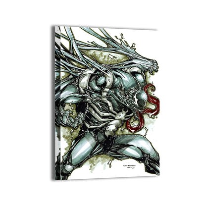 Canvas print of Venom mid-air with wild pose and chaotic symbiote strands  

