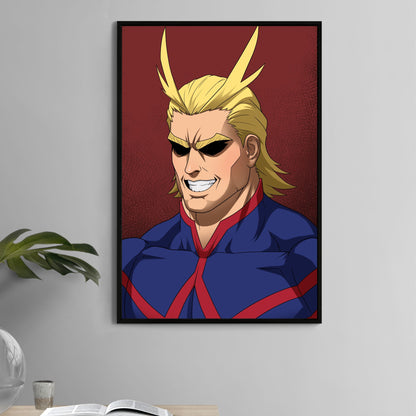 Poster — heroic close-up portrait of the “Symbol of Peace,” confident grin and bold comic shading; hero-academy-inspired art by Sam Dela Torre.