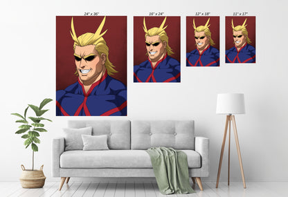 Room mockup — framed All Might–inspired portrait as centerpiece, bold anime décor for gaming or office spaces.