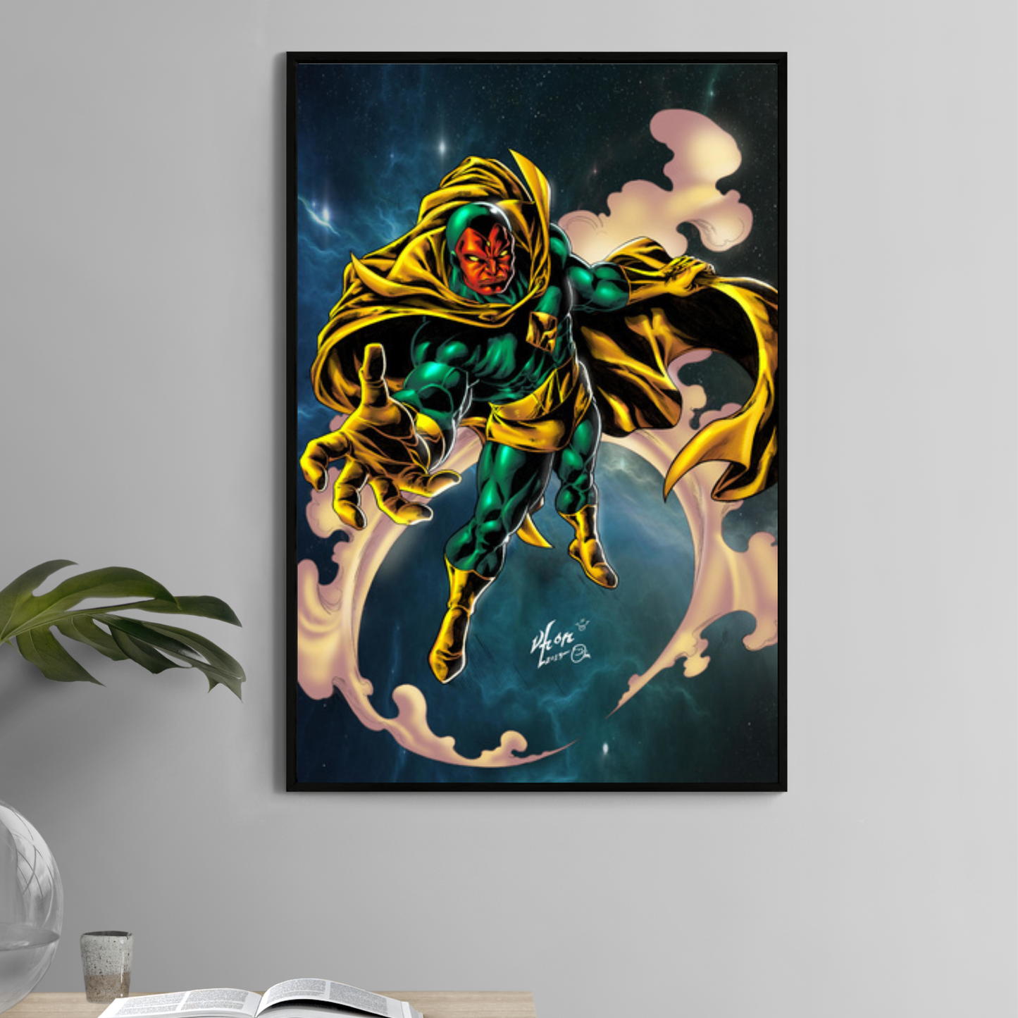 11x17 Print wall art of Vision flying with golden cape against cosmic sky  
