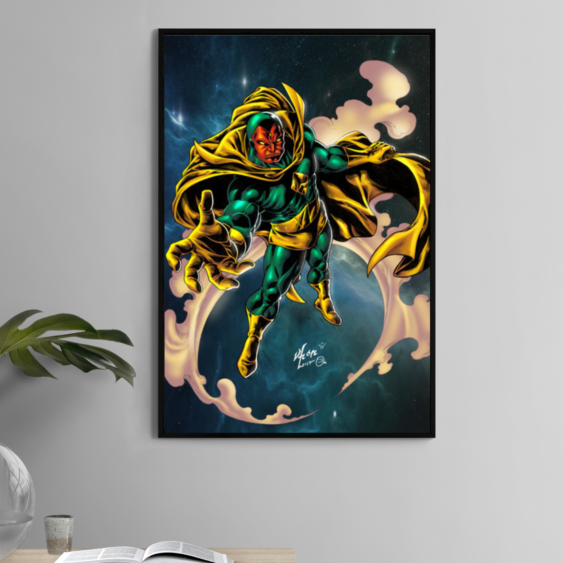 11x17 Print wall art of Vision flying with golden cape against cosmic sky  
