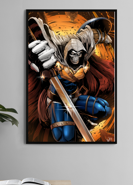  Taskmaster in mid-strike with sword and shield in this 11x17 Marvel antihero art print by Ceasar.