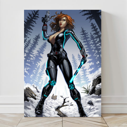 Canvas print of Black Widow in stealth stance against winter landscape  
