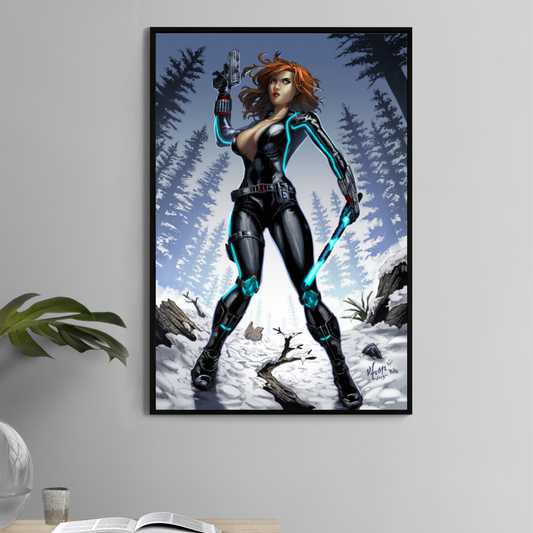 Poster print featuring Black Widow in tactical pose with snowy forest background  
