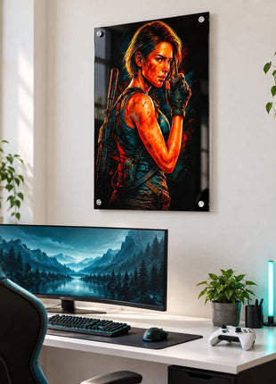 The Last Stand Ellie acrylic wall art in a bright gaming office