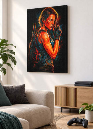 The Last Stand Ellie canvas wall art in a cozy gaming lounge