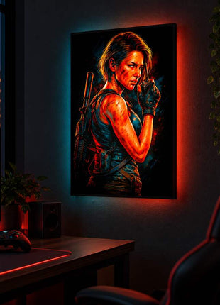 The Last Stand Ellie LED lightbox wall art glowing in a dark gaming room