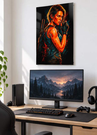 The Last Stand Ellie metal wall art above a modern gaming desk