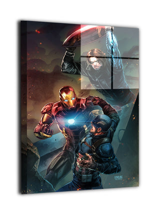 Captain America, Iron Man, and Winter Soldier Three-Way Fracture metal wall art by Ryan Pasibe