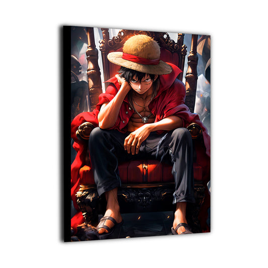 High-quality canvas wall art showcasing a powerful pirate figure resting on a throne, red coat draped over carved wood, detailed shadows, and bold anime illustration style.