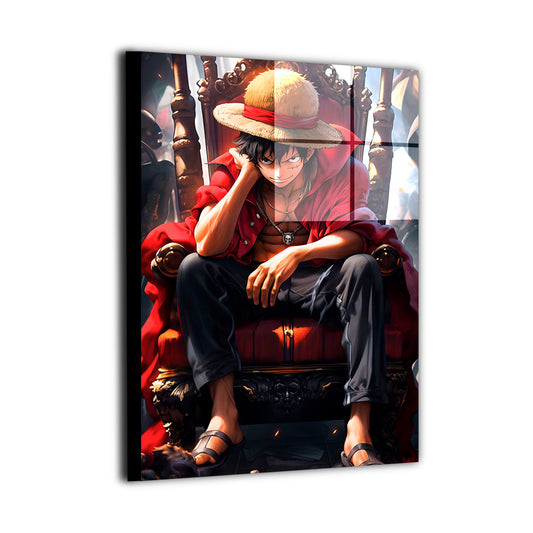 Metal wall art featuring a throne-seated pirate character with intense gaze, textured lighting, and a commanding, cinematic anime aesthetic.