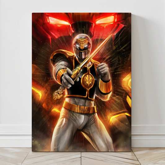 Large 24x36 canvas of classic White Ranger with fiery hero backdrop