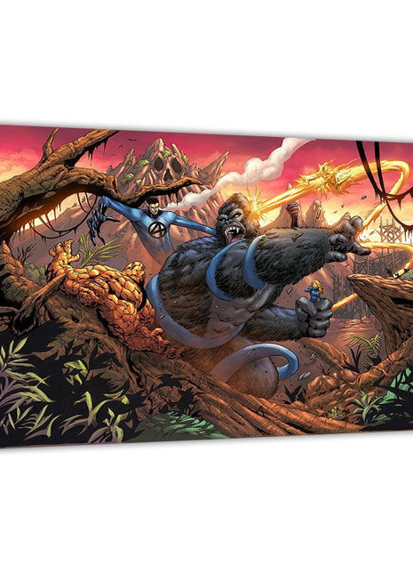 Titan's Challenge Acrylic print room mockup featuring King Kong battling the Fantastic Four, Marvel wall art.