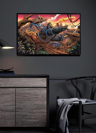 Titan's Challenge Canvas and Metal print room mockup featuring King Kong battling the Fantastic Four, Marvel wall art.