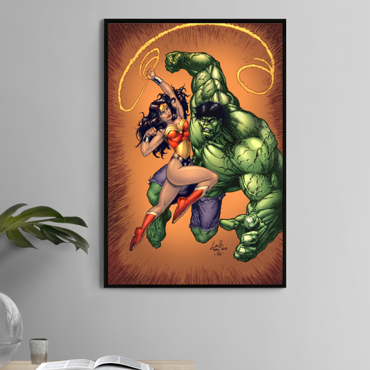 11x17 comic art print of Hulk fighting Wonder Woman by Savy Lim