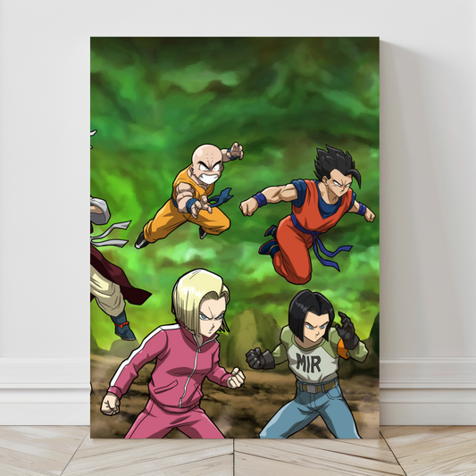 Alt: Full power DBZ ally team charging scene – 24x36 canvas artwork

