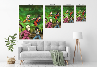 Alt: Full power DBZ ally team charging scene – Size Chart canvas artwork

