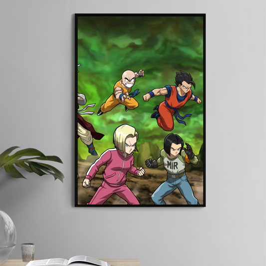 Alt: Gohan, Krillin, Android 17 and 18 charging in battle – 11x17 anime poster