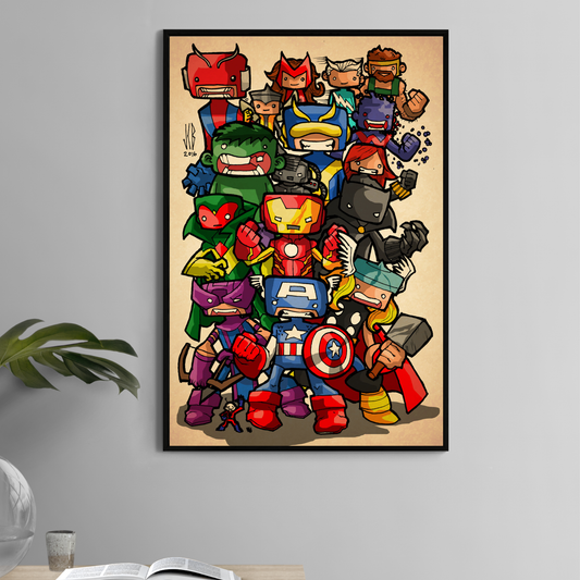 Alt Text: 11x17 print of Avengers in chibi style featuring Iron Man, Cap, Hulk, Thor
