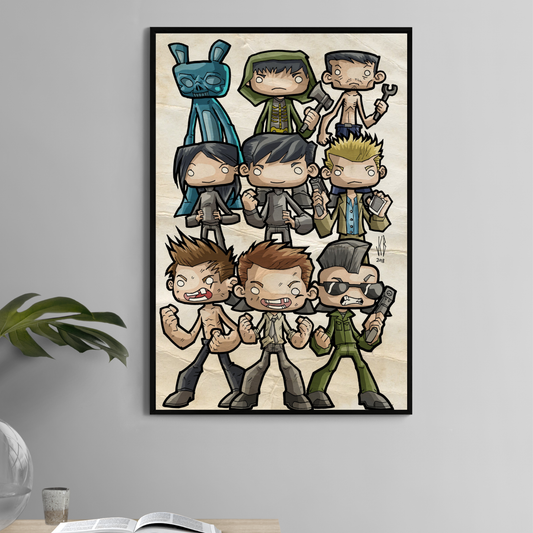 Alt Text: 11x17 print of Donnie Darko chibi characters by Jeff Benitez