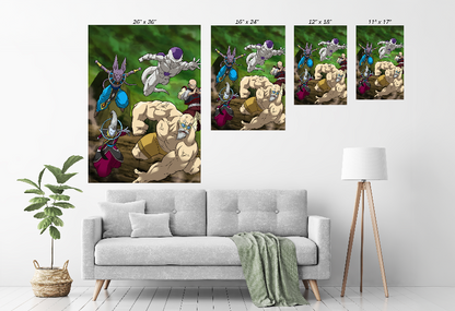 Alt: Beerus, Whis, Frieza, Roshi and Tien charging forward – Size Chart anime print