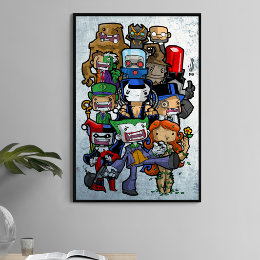 Alt Text: 11x17 chibi-style print of Batman villains including Joker and Harley