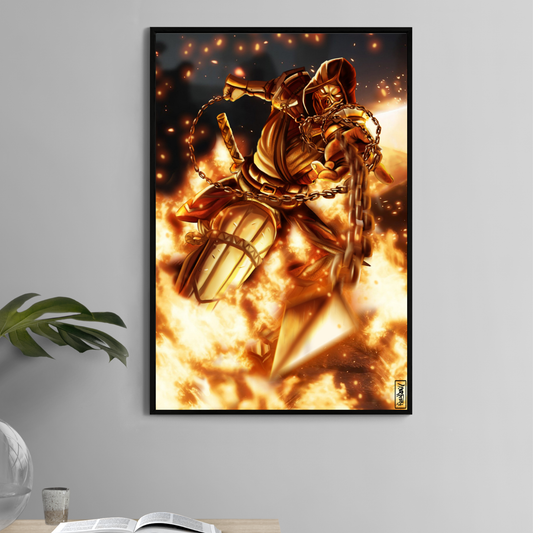 Alt Text: 11x17 print of Scorpion mid-attack in fire-filled Mortal Kombat artwork
