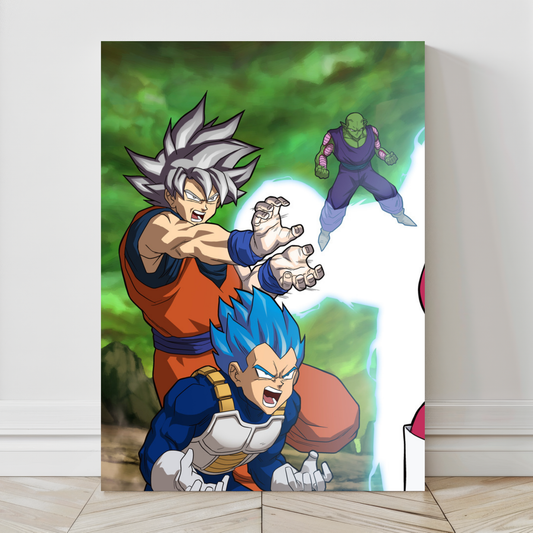 Alt: Trio anime artwork from DBS – 24x36 canvas print with green storm sky