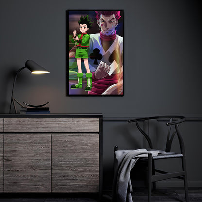 Alt: Size chart for Gon vs Hisoka fan wall art in canvas, acrylic, metal for Hunter x Hunter fans.