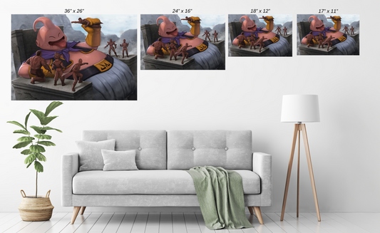 Alt: Funny Majin Buu fan art – oversized villain with miniature heroes – size chart