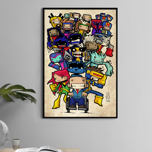 Alt Text: 11x17 print of X-Men characters in chibi cartoon style by Jeff Benitez